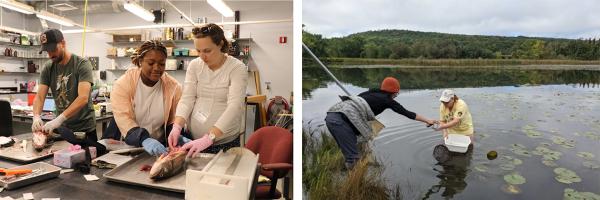 side by side images of students in a lab and a teacher sampling waist deep in water.